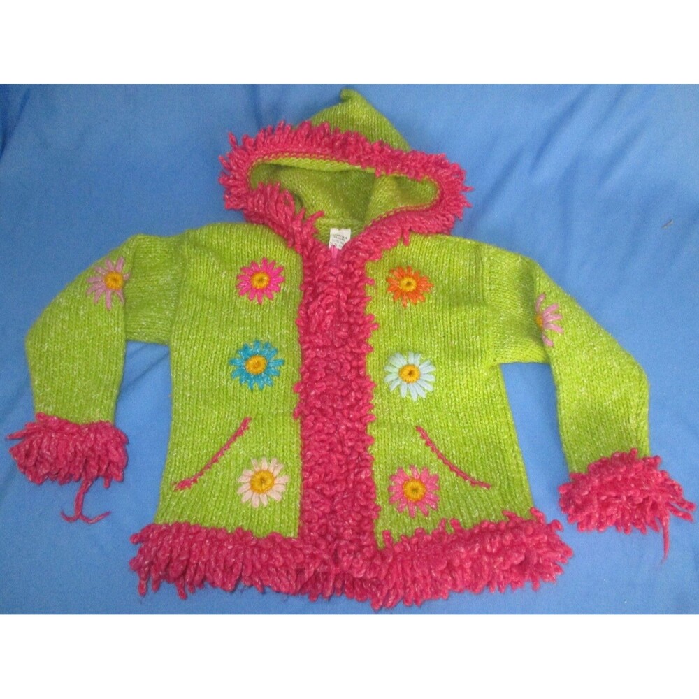 Girls Knit Chunky Yarn Jacket Green Pink Floral Wool Blend Hippie Boho Size 4